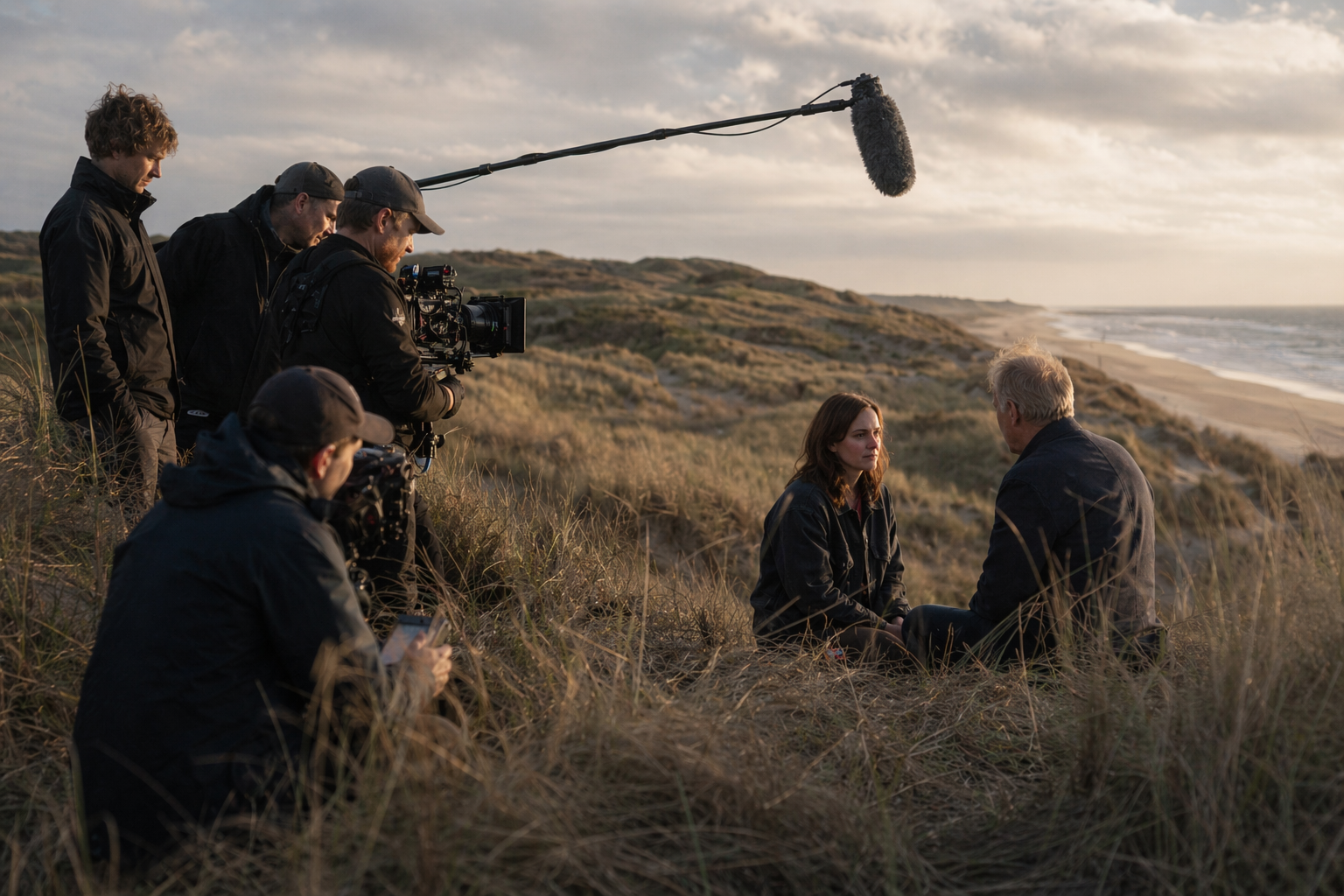 Filmcrew interviewt actrice in de duinen