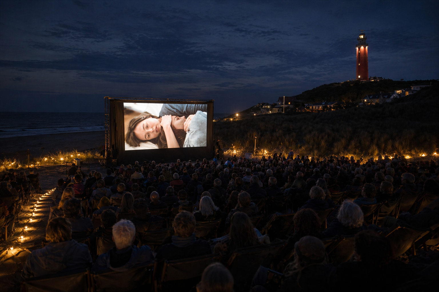 Publiek kijkt naar openluchtscreening bij de Vuurtoren van Texel